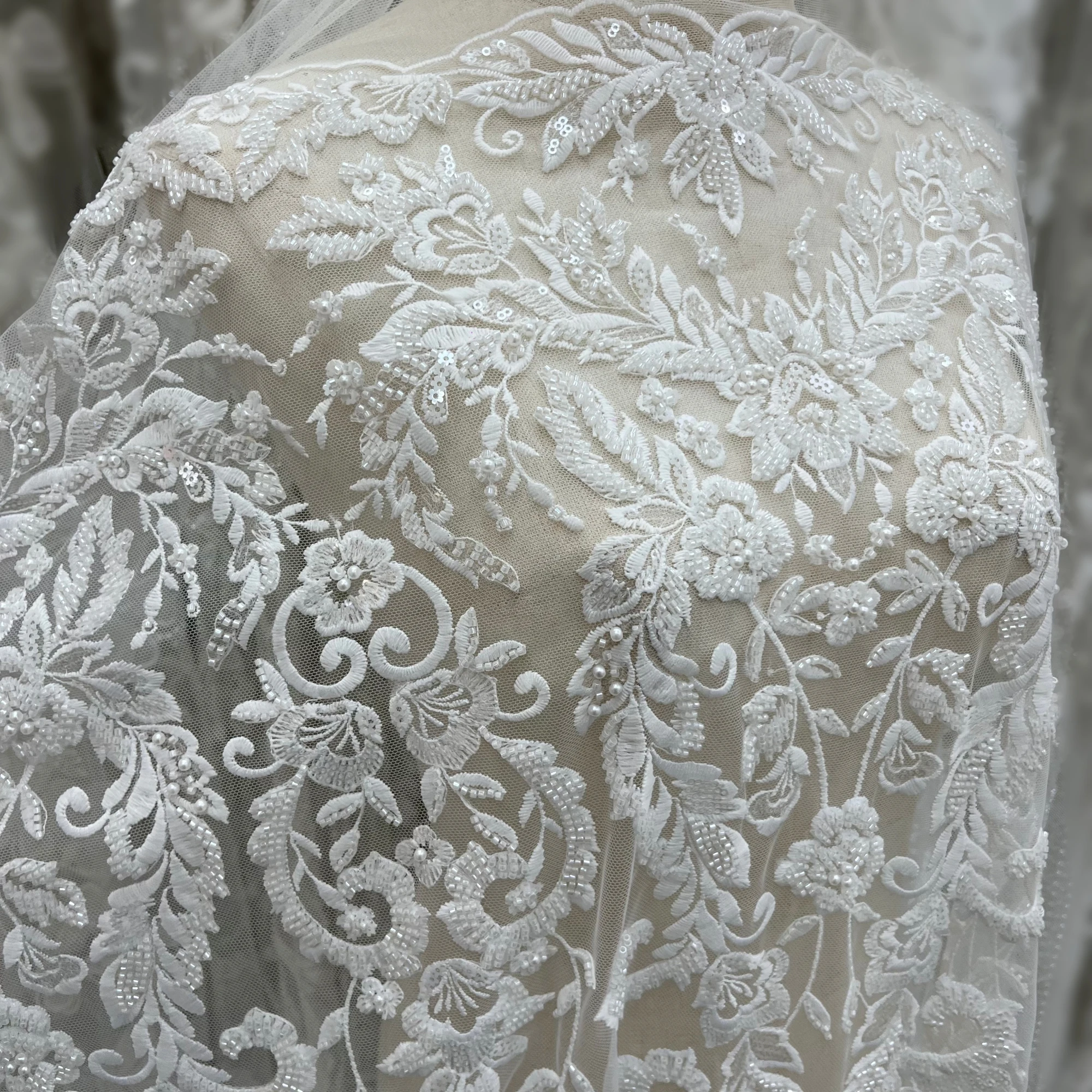 Exquisite special sequin lace bead embroidery wedding dress fabric for custom orders