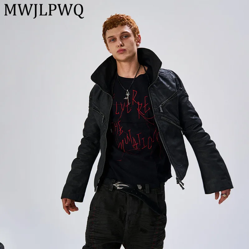 

MWJLPWQ Джинсовая куртка в американском стиле с эффектом потертости, уникальные изогнутые рукава, дизайн с молнией, черная, уличный стиль, повседневный топ с высоким воротником 13691