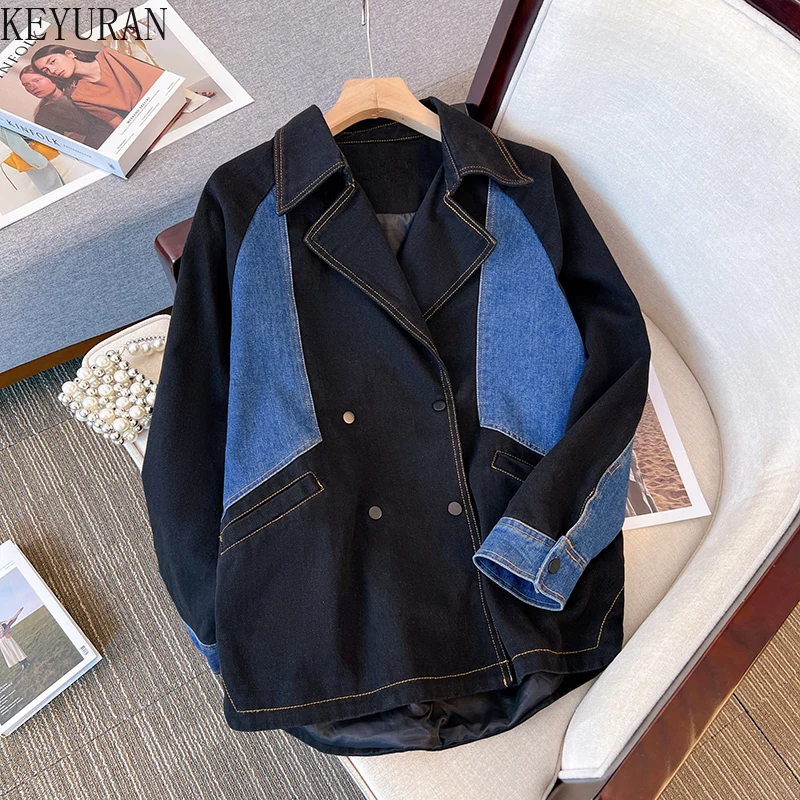 

M-4XL Oversize Stitching Denim Coat Women's Clothing 2024 New Spring Autumn Long Sleeve Casual Big Size Jean Jacket Outerwear