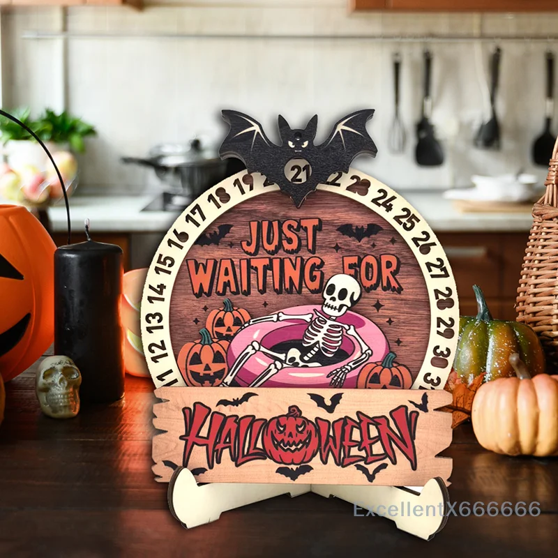 Halloween Countdown Calendar Wooden Rotatable Calendar With Base Tabletop Decor For Home Holiday Party