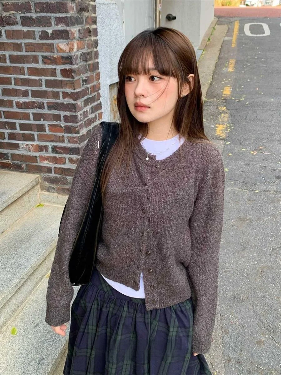 Korean Sle round Ne Long Sve Knitted Sweater Cardigan Simple Casual Single Button Pure Color Versatile Winter Clothing