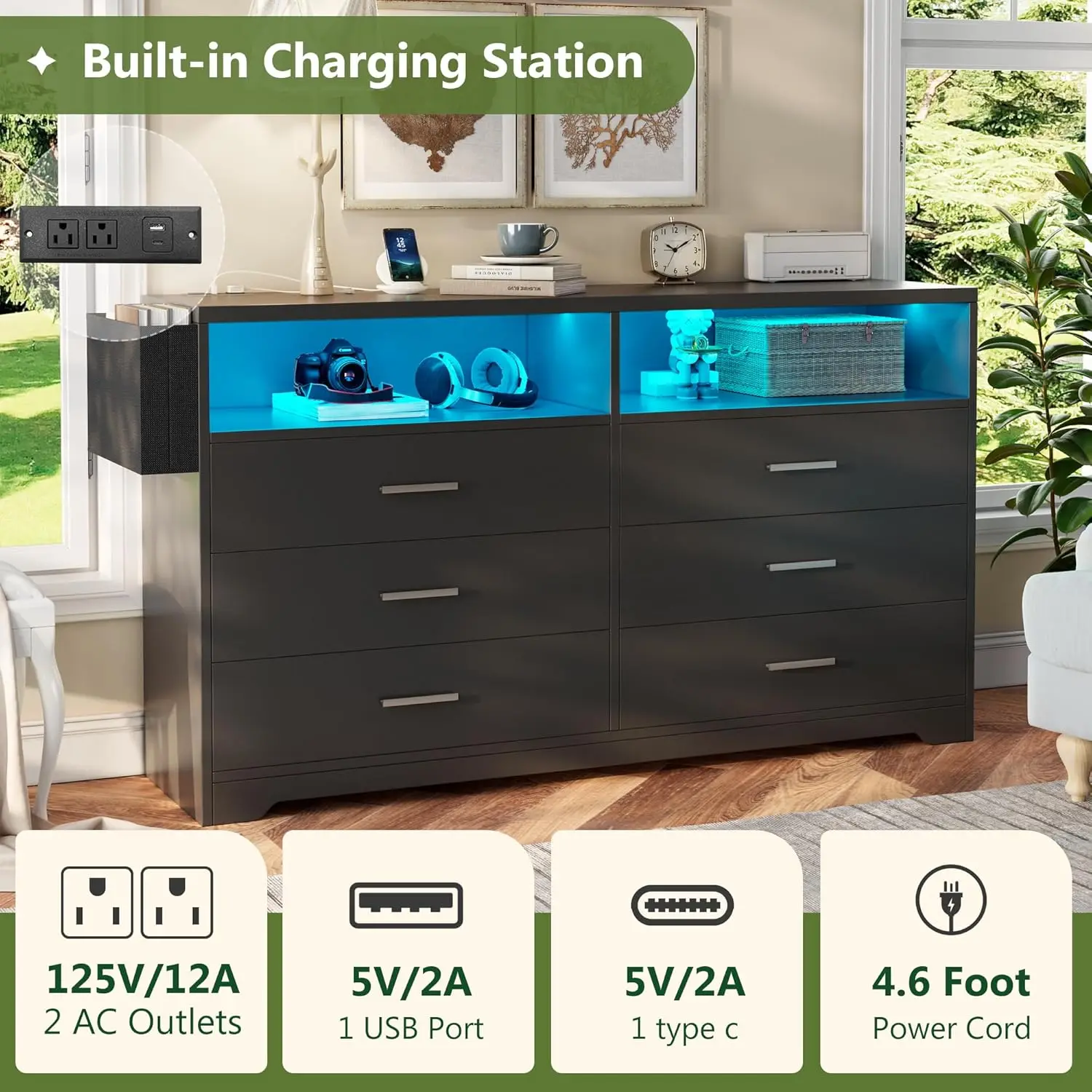 Kommode für Schlafzimmer, schwarze Kommode mit 6 Schubladen, Ladestation und LED-Licht, 55 "breite Kommode TV-Ständer, Kommode