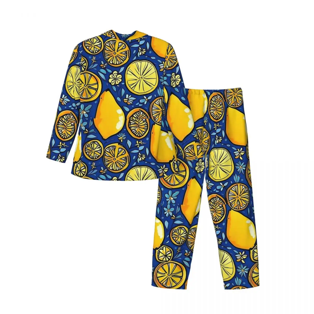 Set piyama motif buah, pakaian tidur Lemon dan bunga, musim gugur motif buah, setelan rumah desain malam trendi lengan panjang pria