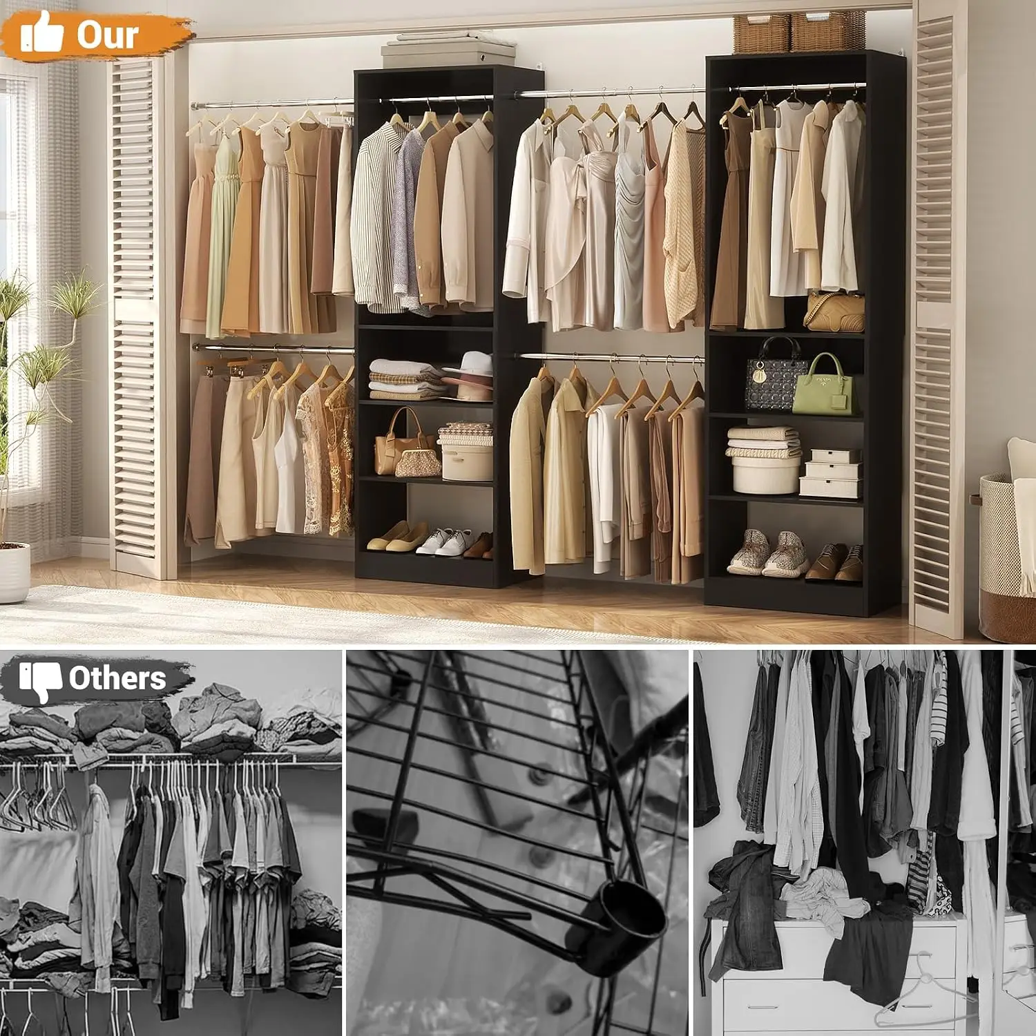 Black Expandable Closet System 4.5-11.5 Ft Adjustable Wardrobe Storage Organizer, Customized