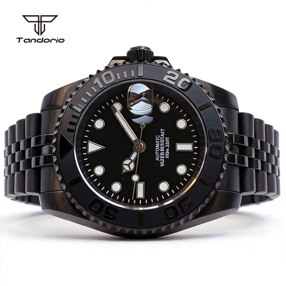 Tandorio 40mm PVD Mechanical NH35 PT5000 Sapphire Full Black Watch Auto Date Ceramic Bezel Men's Business Wristwatch Glide Clasp