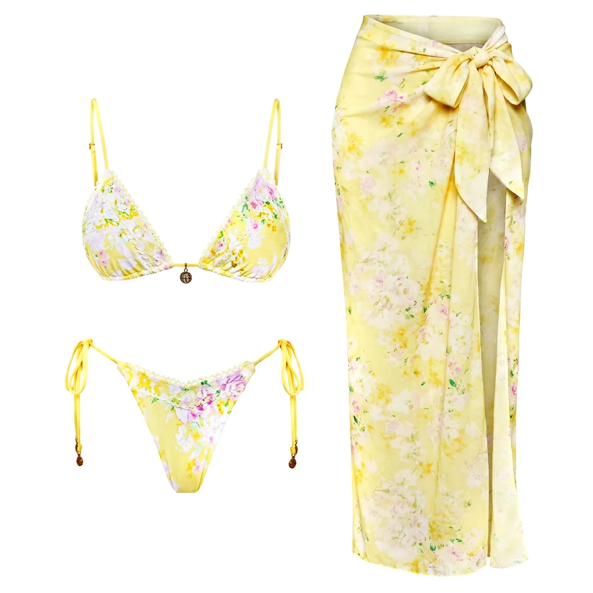 Bandeau 3 Pcs Bikini 2026 Sexy Women Swimsuit Swimwear Female Dress Cover Up Printed Bikini Set Beachwear Bathing Suit Swim Suit