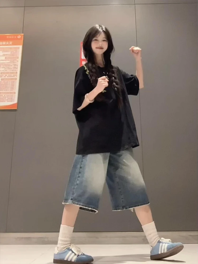 American High Street Seven-Foot Women's Jeans Summer High Waist Slimming Vintage Waed Straight ort Pants Five-Foot Medium...