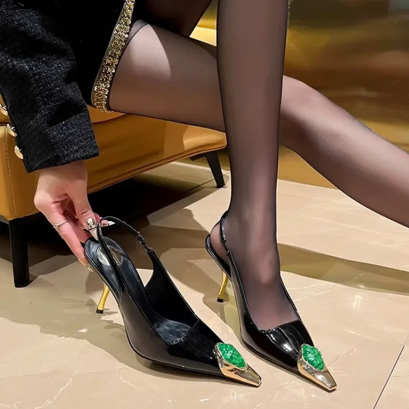 

Сандалии Baotou, весенние модные металлические острые яркие неглубокие туфли с нескользящими износостойкими высокими каблуками