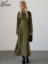 Oymimi-Vestidos plisados de manga larga con cordones para mujer, traje verde informal con cuello redondo, cintura alta, media pantorrilla, Primavera