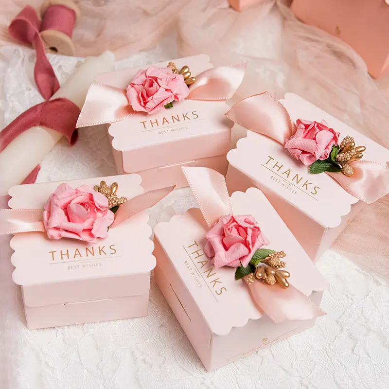 5PCS Flower Candy Box Square Rose Ribbon Paper Bag Party Wedding Gifts for Guests Romantic Bow Present Packaging Boxes