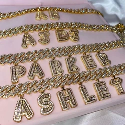 Fashion Crystal Baguette Letter Necklace For Custom Iced Out Prong Cuban Link Chain 26 Initials Pendant Necklace Women Jewelry