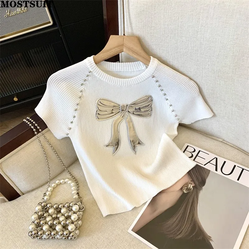 Summer Stylish Slim Knit Sweaters Crop Tops Women Bow Rivets Short Sleeve O-neck T-shirts Tees Streetwear Fashion Chic Knitwear