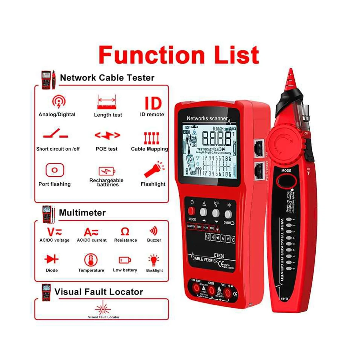 

3In1 Visual Fault Locator Multimeter Network Cable Tester Silent Vibrate Search POE Test Cable Pairing Length Wiremap