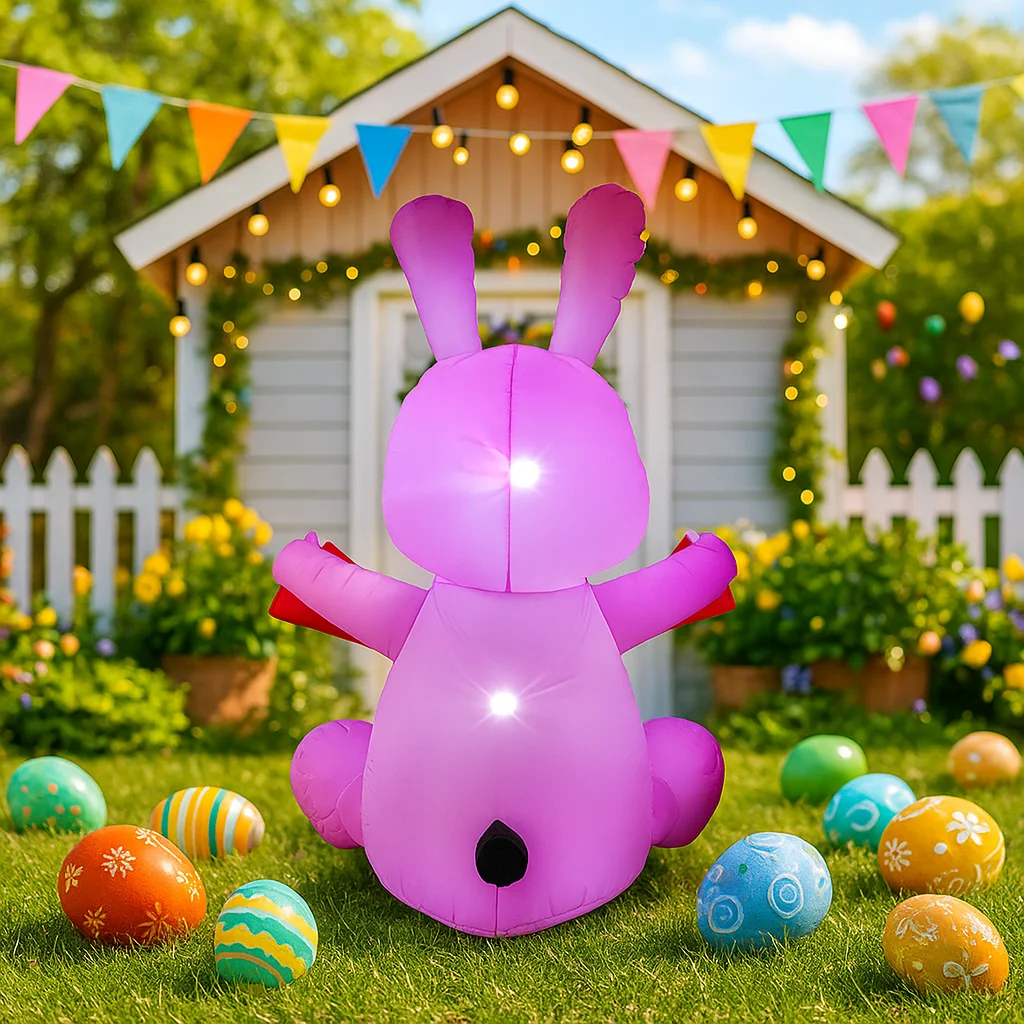 Wesołych Świąt Wielkanocnych! Nadmuchiwane zabawki 1,5 m / 5 stóp Różowy Królik Baner Dekoracyjny z Wbudowanym Oświetleniem LED Model Ozdoba na Zewnątrz do Ogrodu na Imprezę