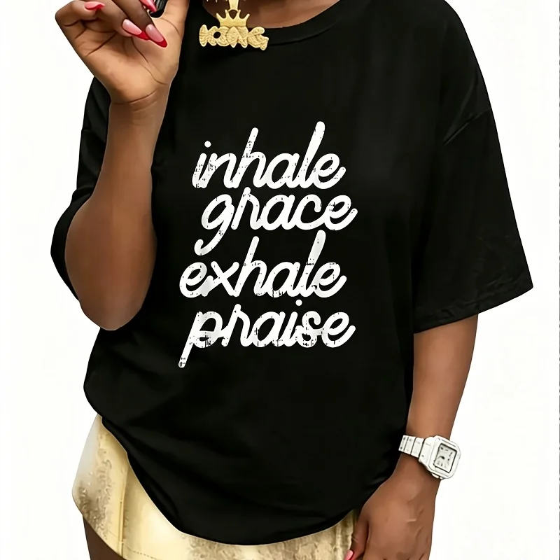 Inhale Grace Exhale Praise God Jesus Faith Christian Gift Women's 100% Cotton T-Shirt Fun Print Short Sleeve Top Casual Round Neck Tee S-5Xl