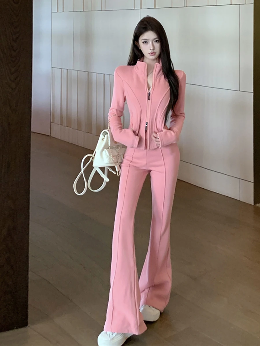 Casual Autumn Fashion Set Women's Long Sleeve Fleece Lined Stand Collar Slimming Long Pants Two Piece Suit Sporty Chic