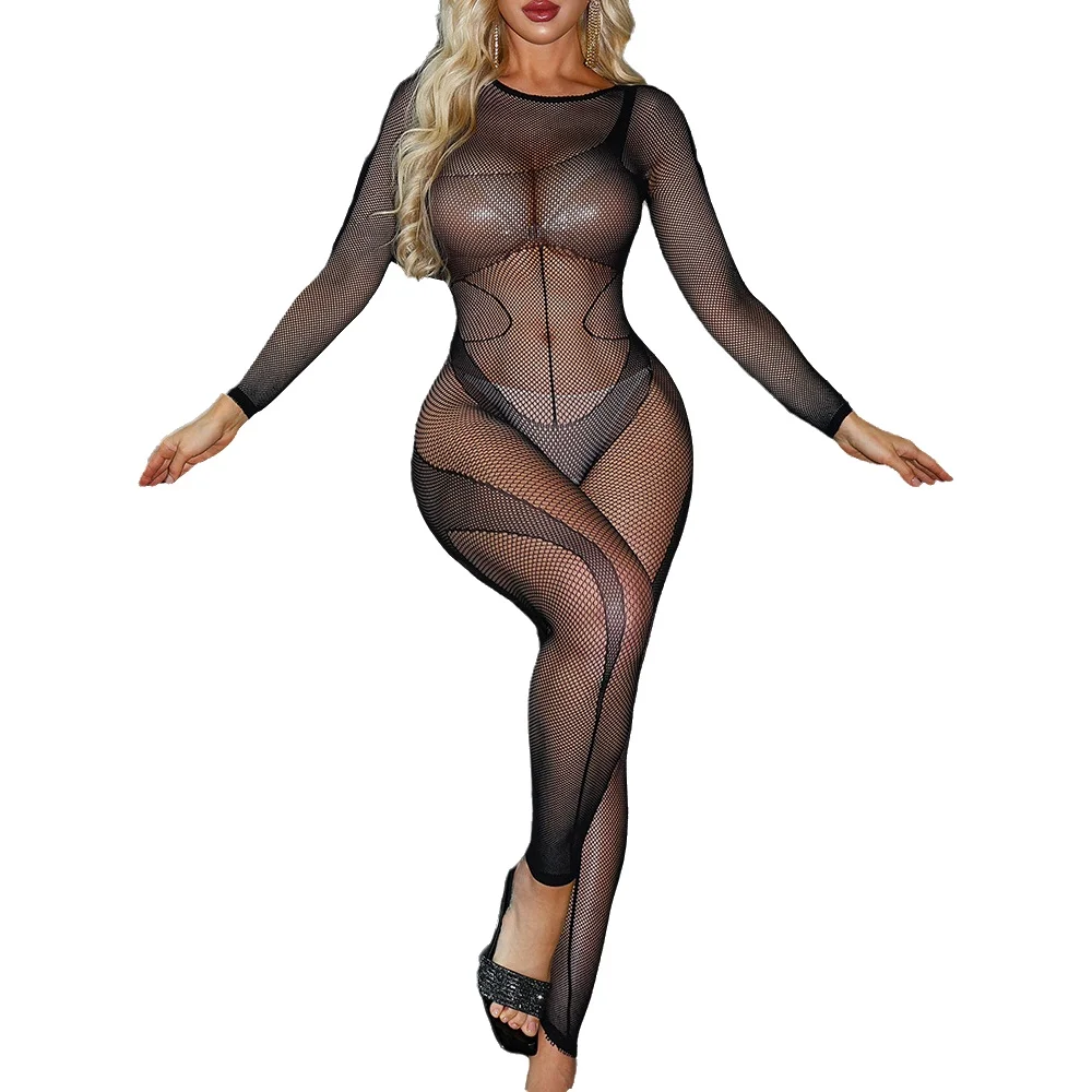 Black Silk Sexy Lingerie Slimming Long-sleeve Mesh Bodysuit With Hollow-out Design Tight-fitting One-piece 2NZM