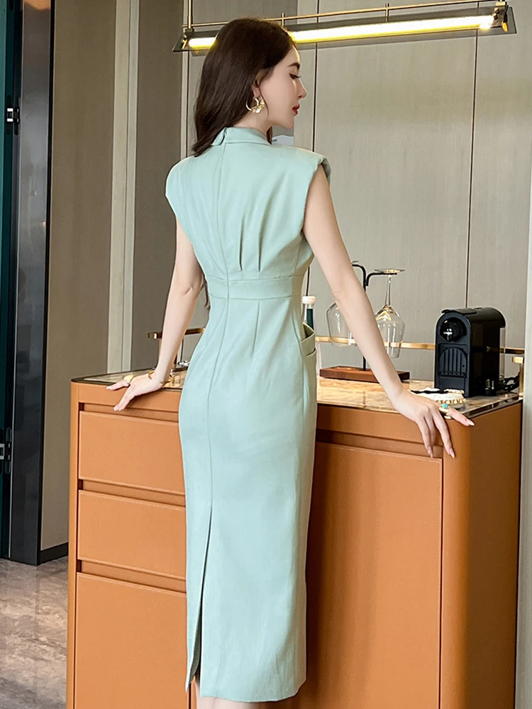 New Elegant OL Formal Dress Women Quality Professional Folds Skinny High Waist Long Robe Party Vestidos Banquet Business Clothes