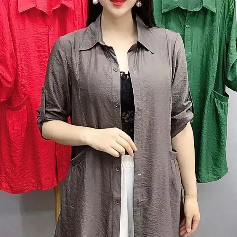 Summer Fashion Solid Color Midi Shirt Commute Basic Pockets Women\'s Clothing Turn-down Collar Casual Half Sleeve Loose Blouse