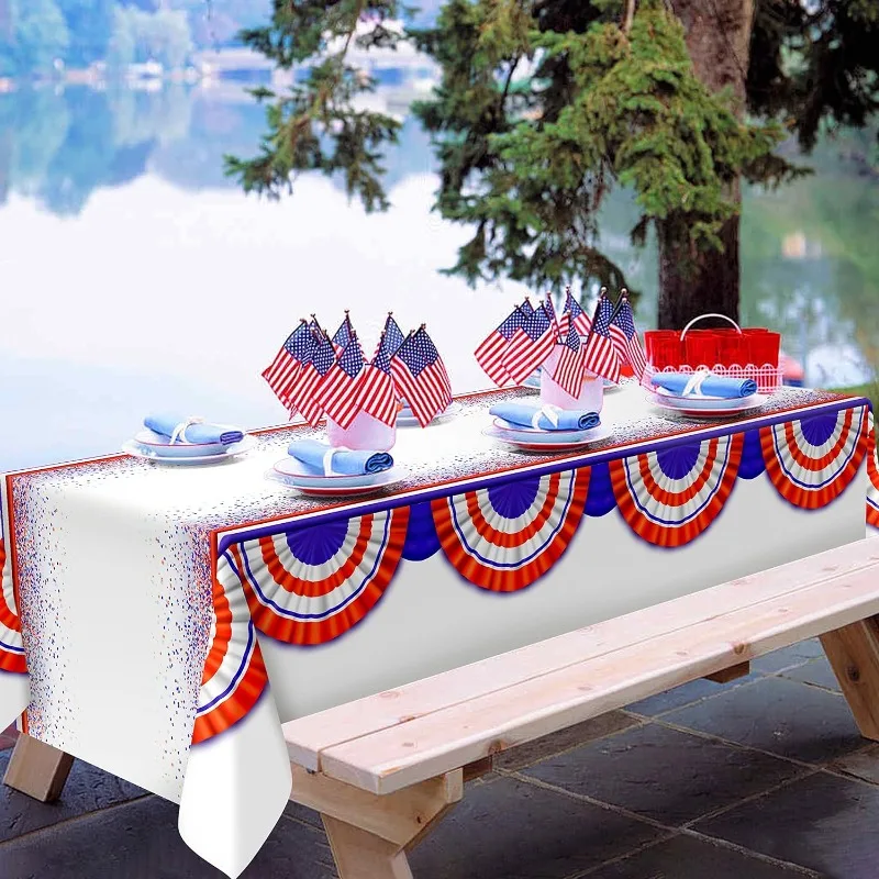 

9FtX5Ft Wide Red White Blue USA Birthday Fabric Table Cloth Forth July Independence Day Table Cover Patriotic Party Decoration