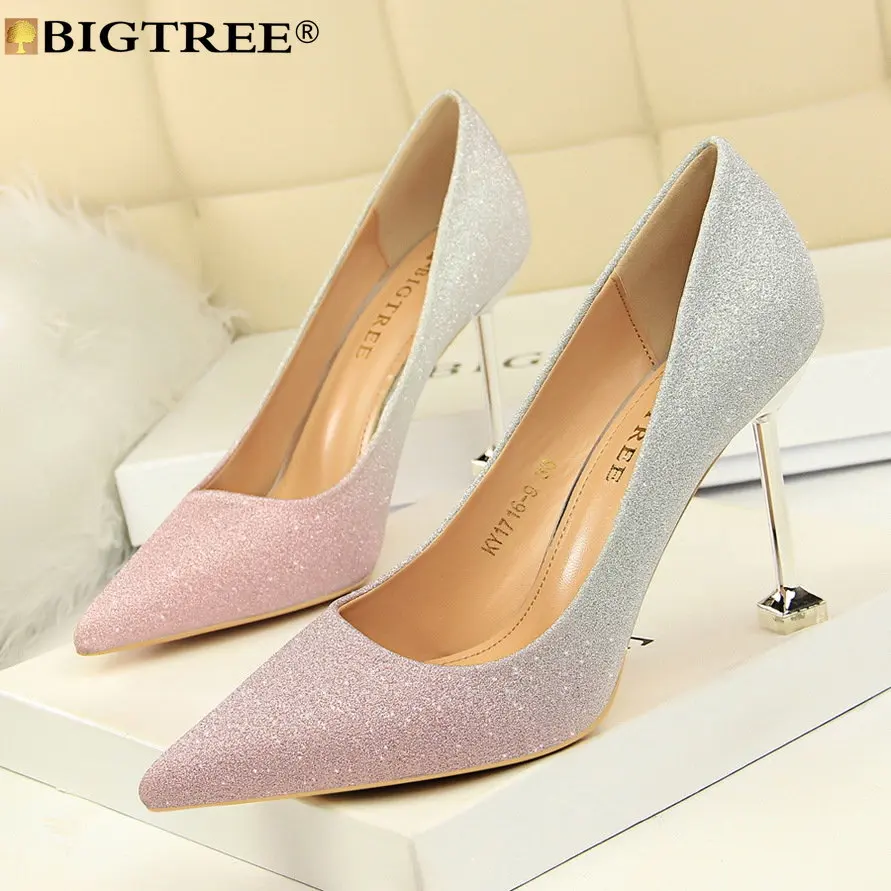 

BIGTREE Shoes For Women New Fashion Sexy Pumps Mixed Colors Pointed Toe Sequined Cloth 9.5CM Thin Heels Sexy Dress Women Shoes