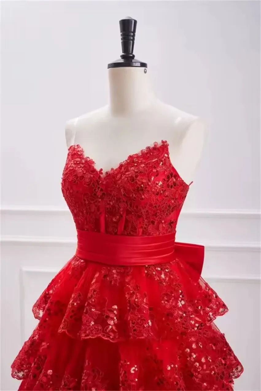 Customized Red Tulle Short Ball Dress Strapless Embroidered Glitter Sequins Homecoming Dress Special Event Cocktail Party Dress