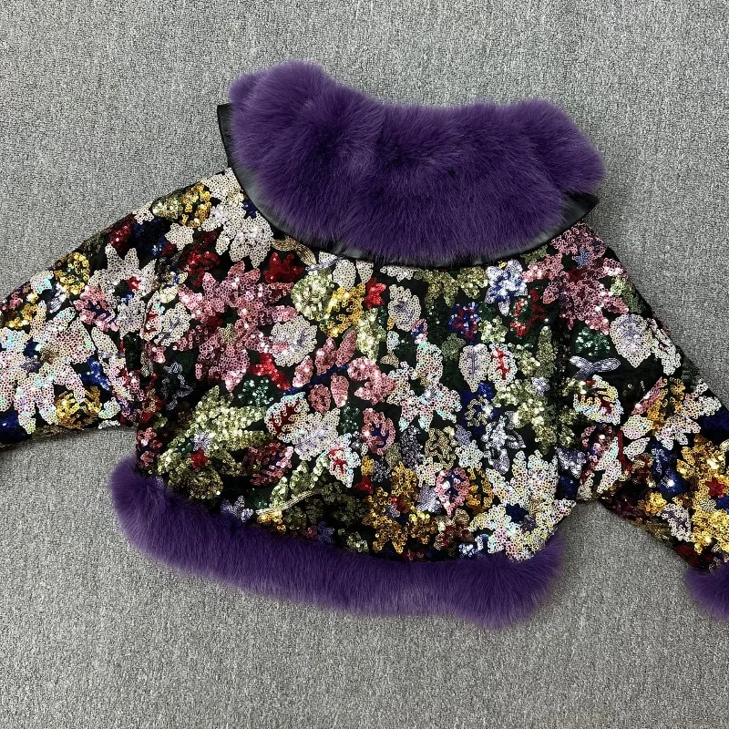 Zimowy, modny płaszcz z wełny i bawełny, imitacja futra lisa, gruby, ocieplany, z cekinami, stylowy, młodzieżowy, krótki płaszczyk ze sztucznego futra dla kobiet.