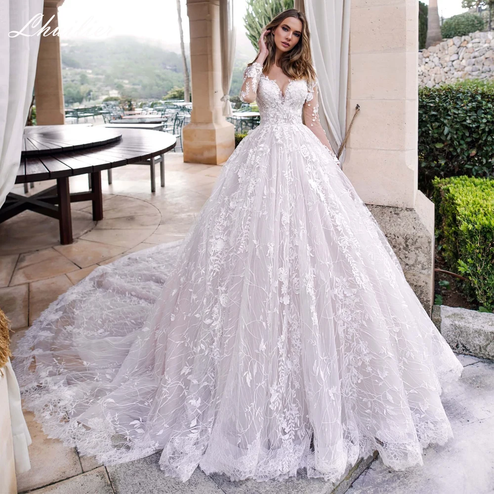 Lhuillier مخصصة مغرفة الرقبة الكرة ثوب الدانتيل فساتين الزفاف الطابق طول كامل الأكمام فستان الزفاف مع قطار مصلى