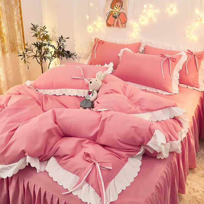 

Korean Ins Bedding Set, Luxury Quilt Cover, Pillowcase Flat Bed Sheets, Simple Girl Princess Ruffle Home Textiles