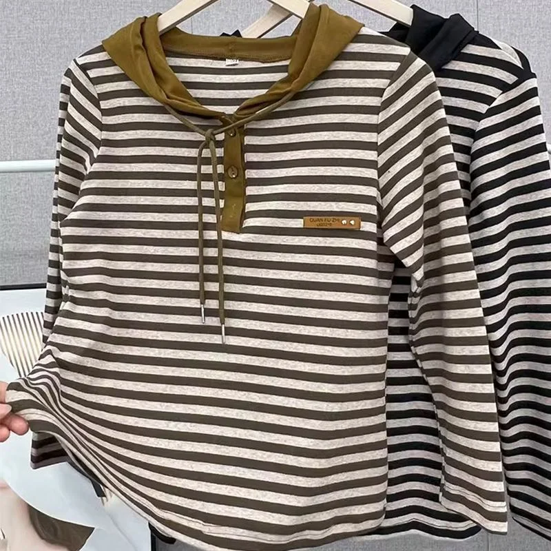 New Trendy Color Block Striped Tshirt Autumn Slim Fit Hooded Button Long Sleeve Top
