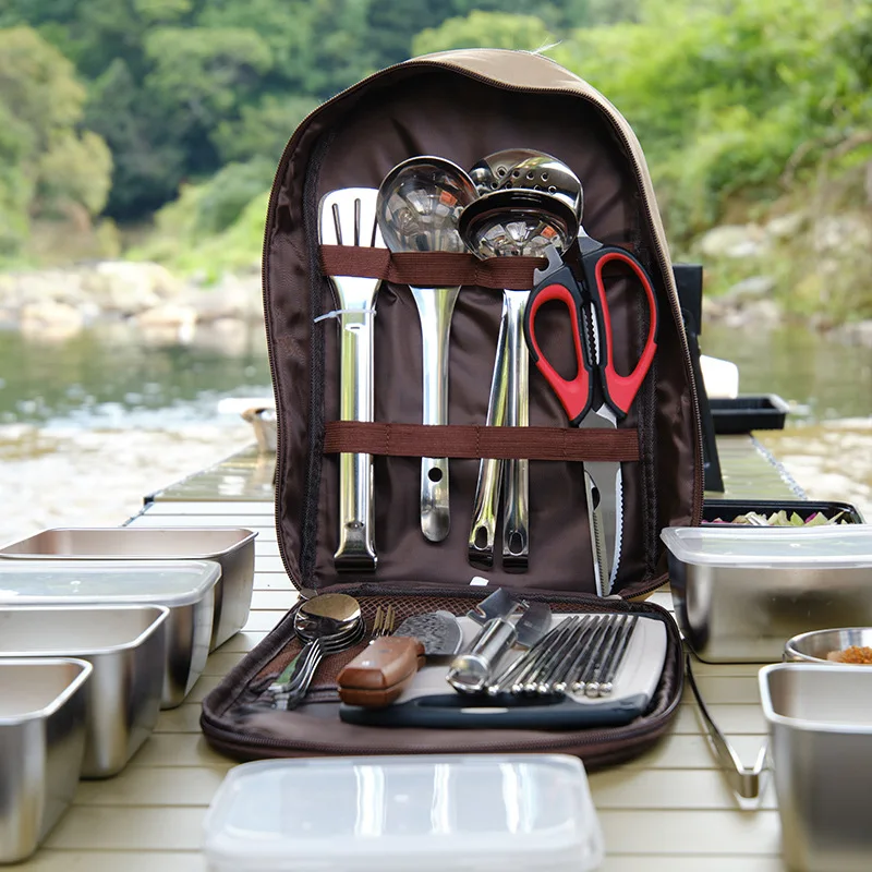 

304 Stainless Steel Camping Travel Convenient Carrying Cooking Cutlery Set Family Camping Equipment Family Outdoor Products