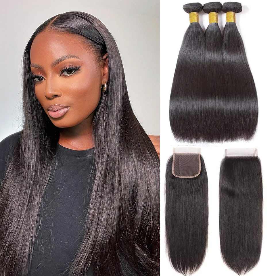 

Натуральные необработанные прямые волосы для наращивания, 3 пучка с кружевной застежкой 4x4, прямые волосы для женщин, качество 12A