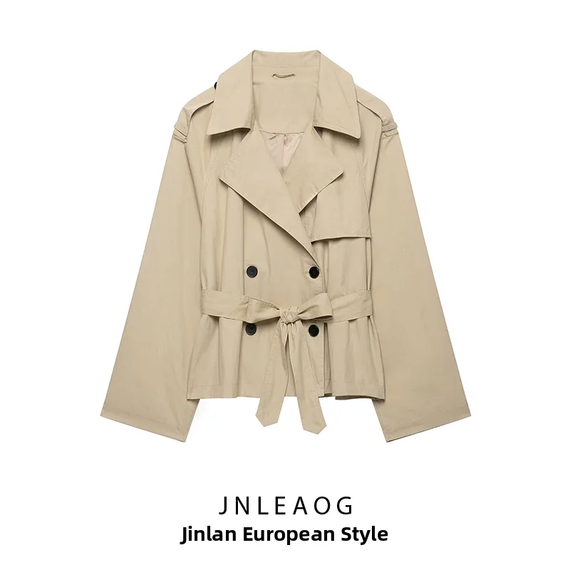 Fashionable Short Coat Jacket Women's Autumn New Style JNLEAOG Padded Shoulder Belt Design All Match Stylish Windbreaker