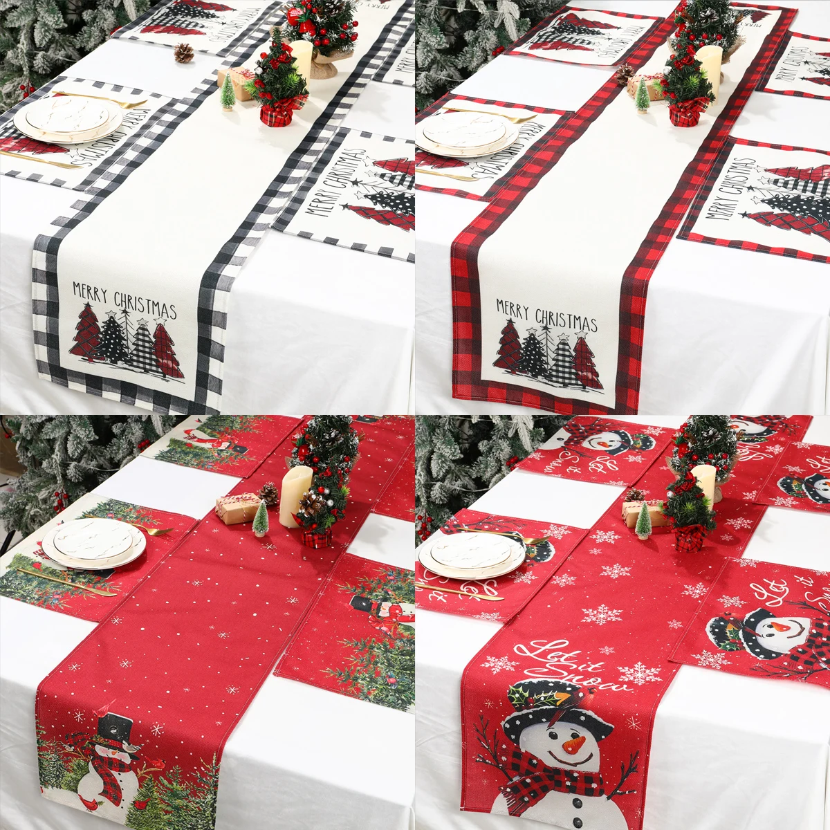 Christmas Linen Table Runner Placemat Set Merry Christmas Decoration for Home 2024 Navidad Xmas Dining Table Decor New Year 2025