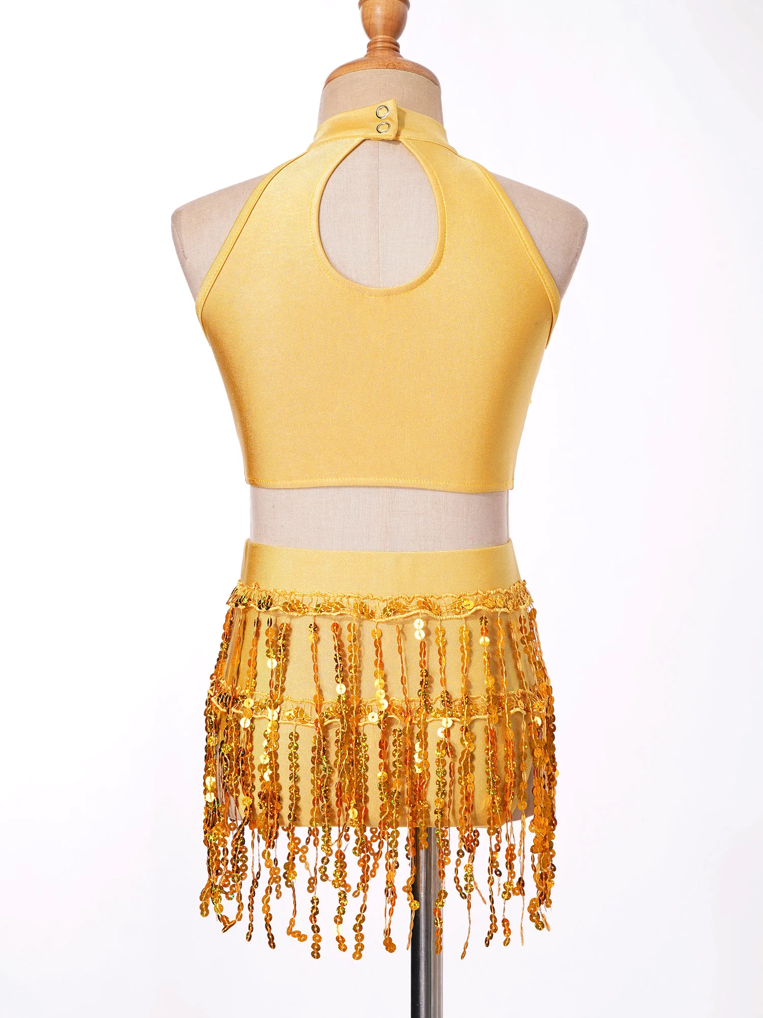 Roupa de dança do ventre com lantejoulas para meninas, top Hollow Halter, shorts com franjas com lantejoulas, roupa de balé infantil, jazz e latim, samba, conjunto 2 peças