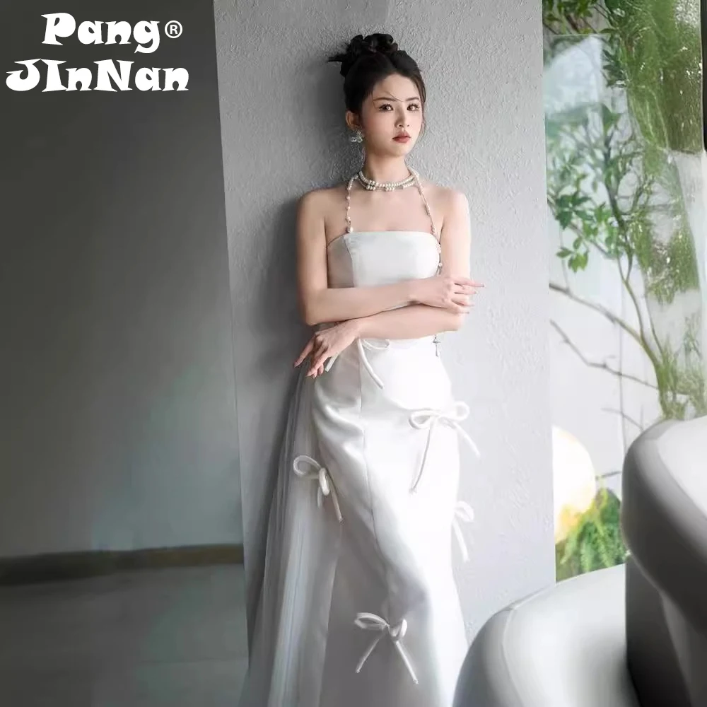 PJN Elegant Strapless Wedding Dress Bride 2025 New White Satin Mermaid Reception Snapshot Dresses Women Long Evening Party Dress
