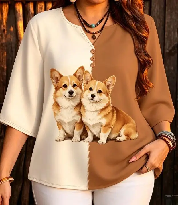 6 Styles Cute Pet Print Satin Blouses Two Tone Color Block Notch V Neck 3 Decor Buttons 3/4 Sleeve Loose Women Daily Shirts