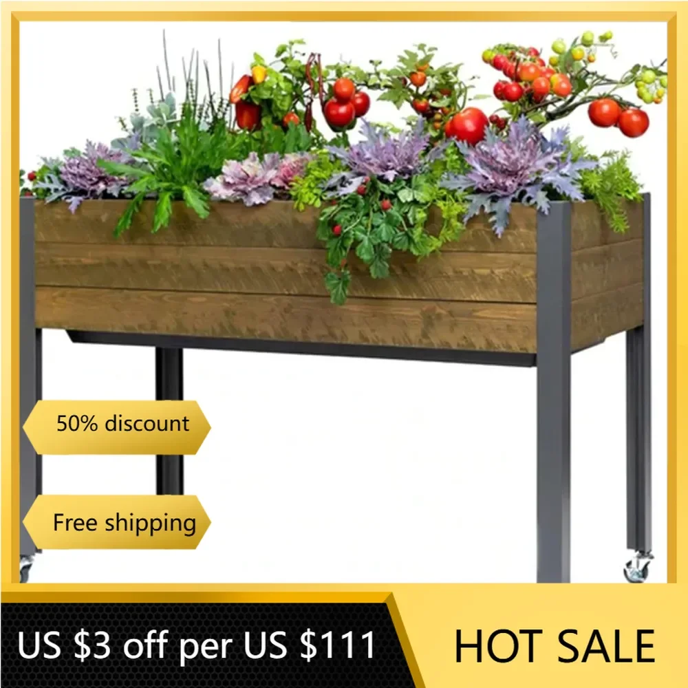 Convenient Self-Watering Elevated Spruce Planter w/ Caster Wheels, Flexible Container Gardening for Healthy Plants, Brown