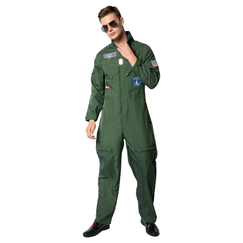 Men’s Pilot Suit  Bodysuit Cosplay American Airforce  Army Green Flight Jumpsuit with Glasses Necklace Party Outfits Uniform