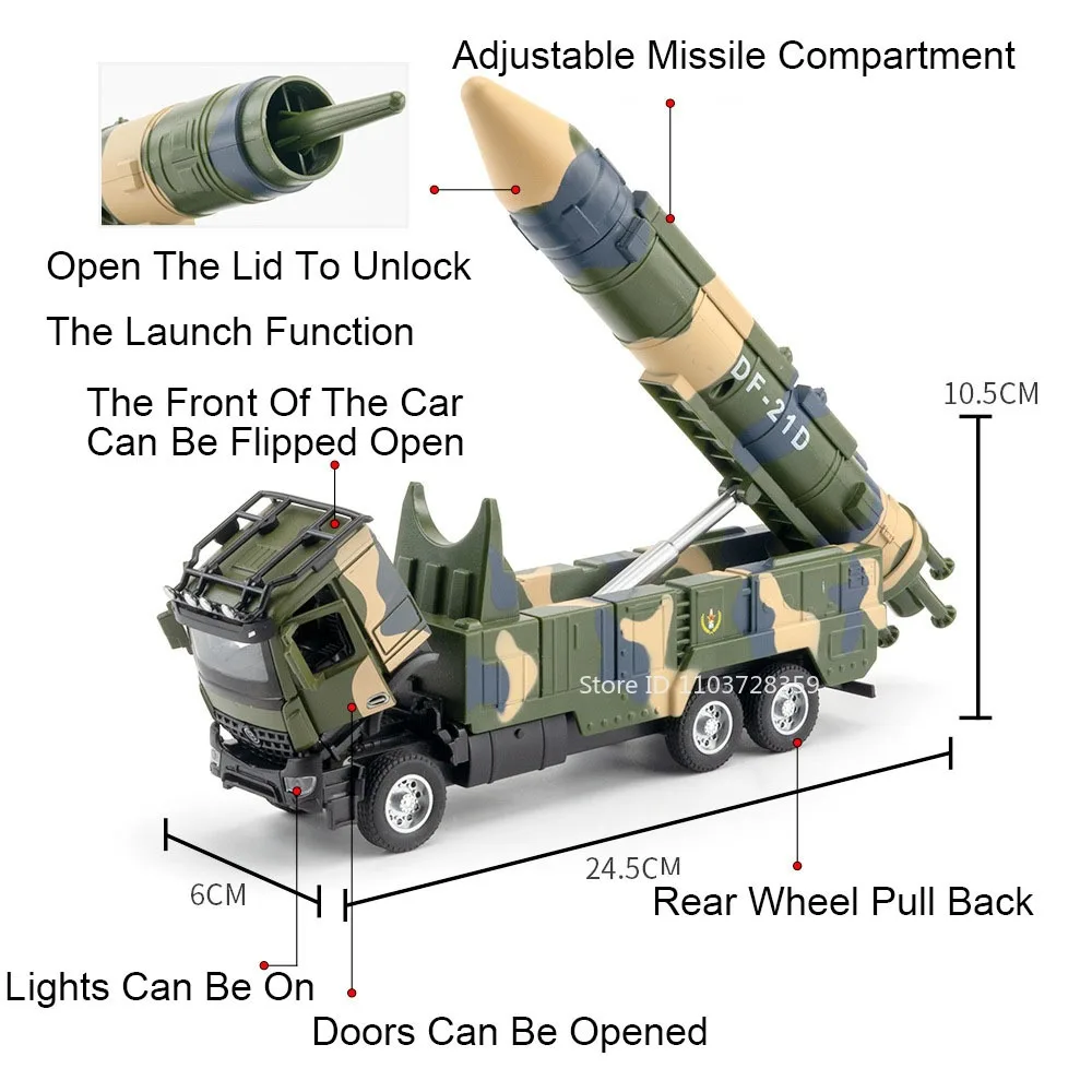 1:35 HONGQI DF21D FQ-16 Missile Vehicle Model Toys Alloy Diecast Military Vehicles Sound Light Doors Opened Pull Back Boys Gifts