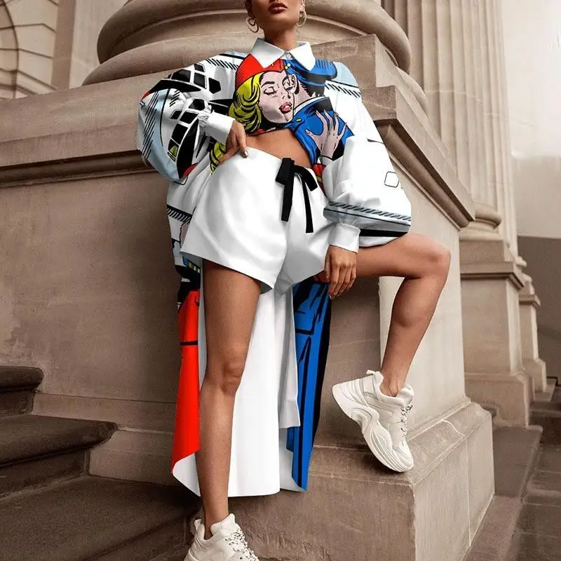 

Faionable Printed irt Collar Top And orts Set Women's Autumn Winter Two Piece Suit Polyester Fiber Long Sve Dr