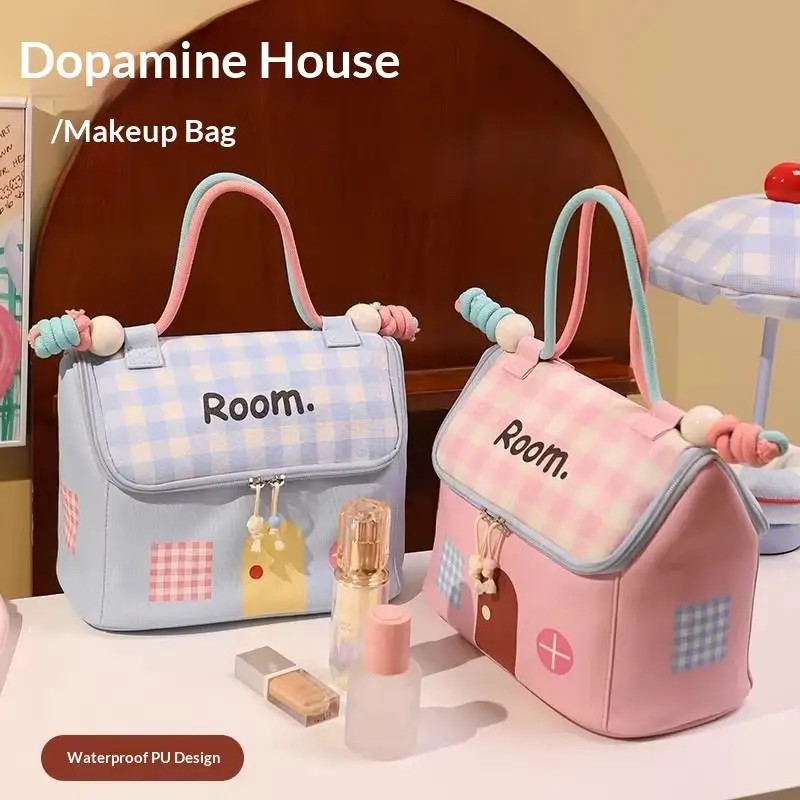 Große Kapazität, wasserdicht, Dopamin, niedliche kleine Kosmetiktasche in Hausform, tragbare Aufbewahrungstasche, Bento-Lunchbox-Tasche, Kulturbeutel – Detail 5