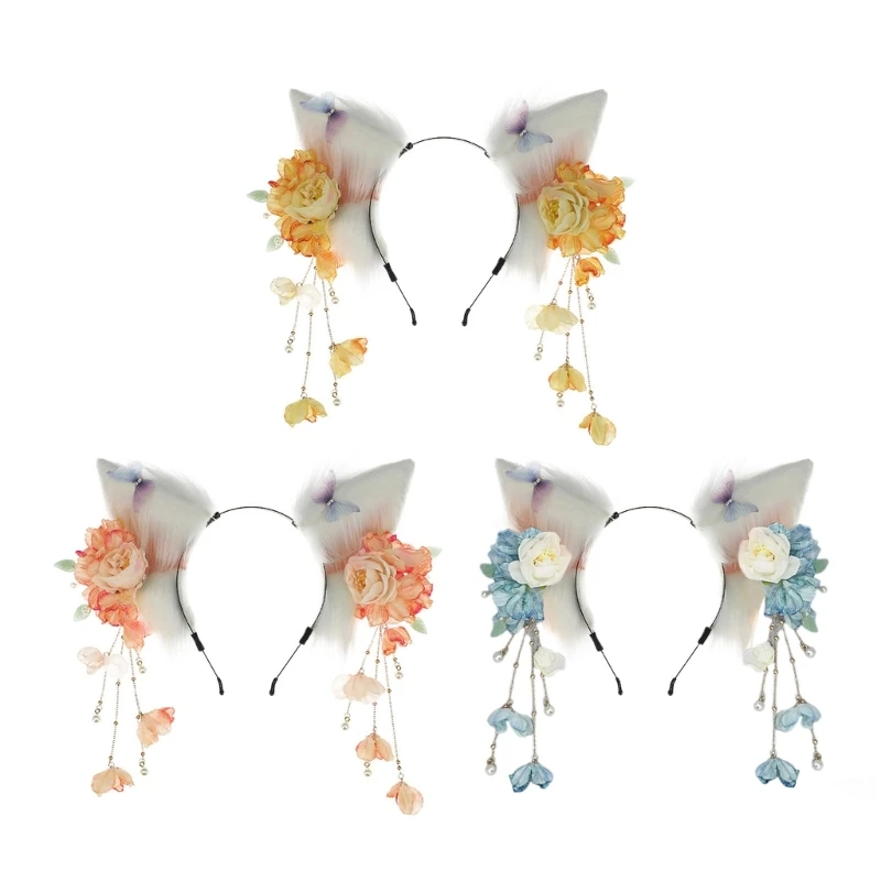 

Students Ear Headband with Tassel Flower Decors Carnivals Hair Decors