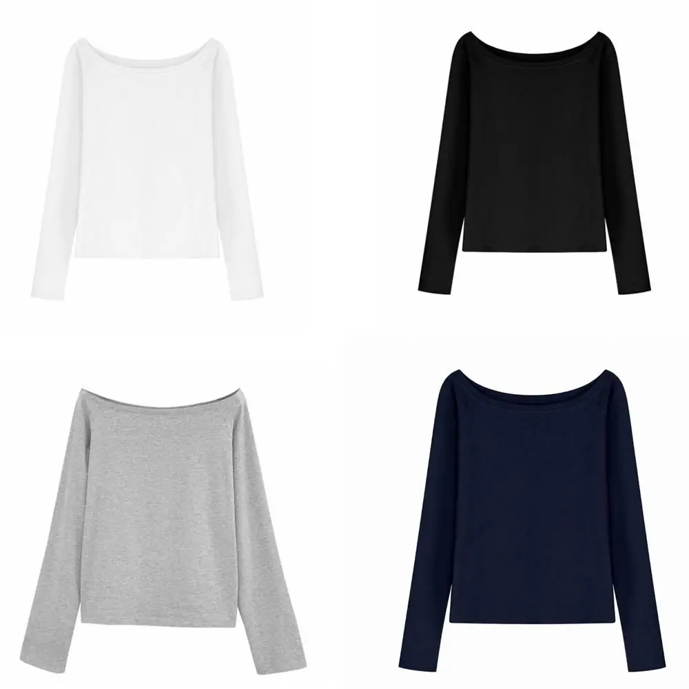 Lässiges Herbst-Winter-Oberteil mit einer Schulter, langen Ärmeln, einfarbig, schulterfreies T-Shirt, Oversize-Basis-T-Shirt für Jugendliche – Detail 1