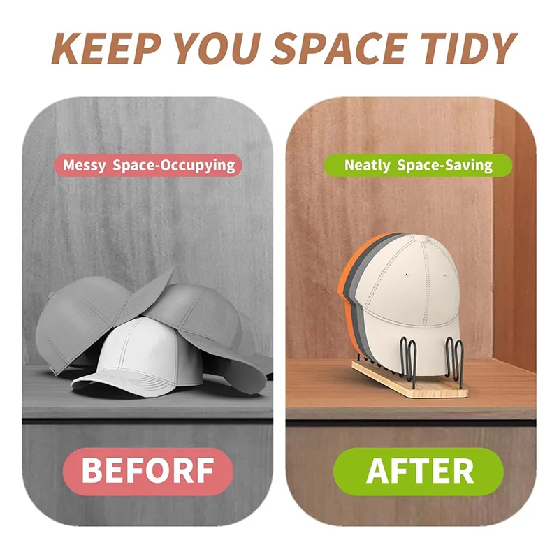 AONEQ-Hat Organizer For Baseball Caps 2 Pack, Wood And Metal Hat Storage For Baseball Caps For 14Caps, Tabletop Hat Racks