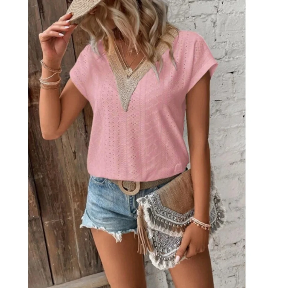 تي شيرت نسائي صيفي برقبة على شكل حرف V من الدانتيل كاجوال بأكمام قصيرة