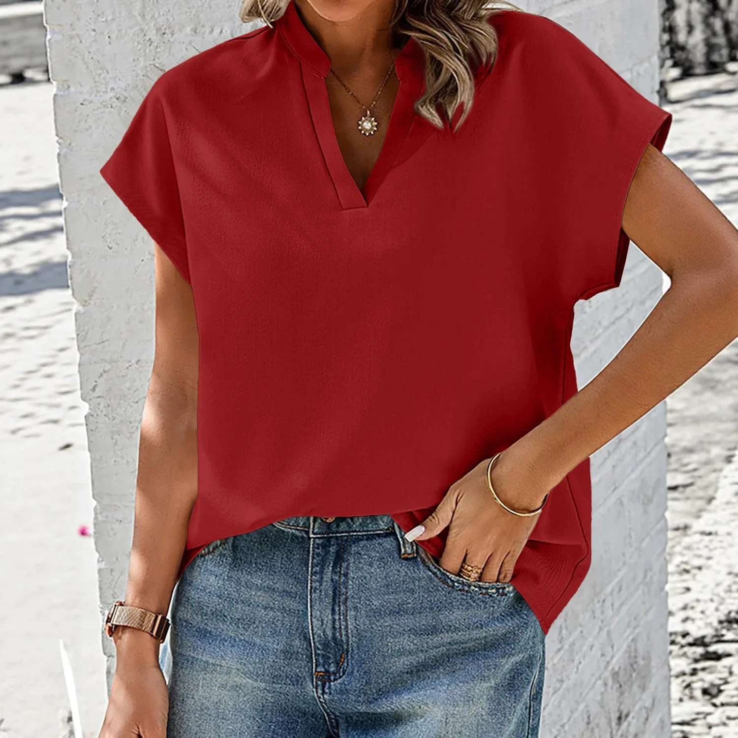 Arrival Women's Solid Color V Notch Collar Cap Sleeve Loose Fit Comfortable Casual Versatile Trendy Commuter Basic Daily T-shirt