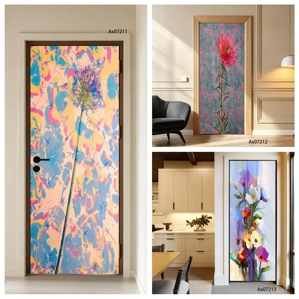 Abstract Fluid Floral Art Door Sticker Full Door Wrap Wallpaper Customize Home Decoration Refrigerator Door Poster Stickers