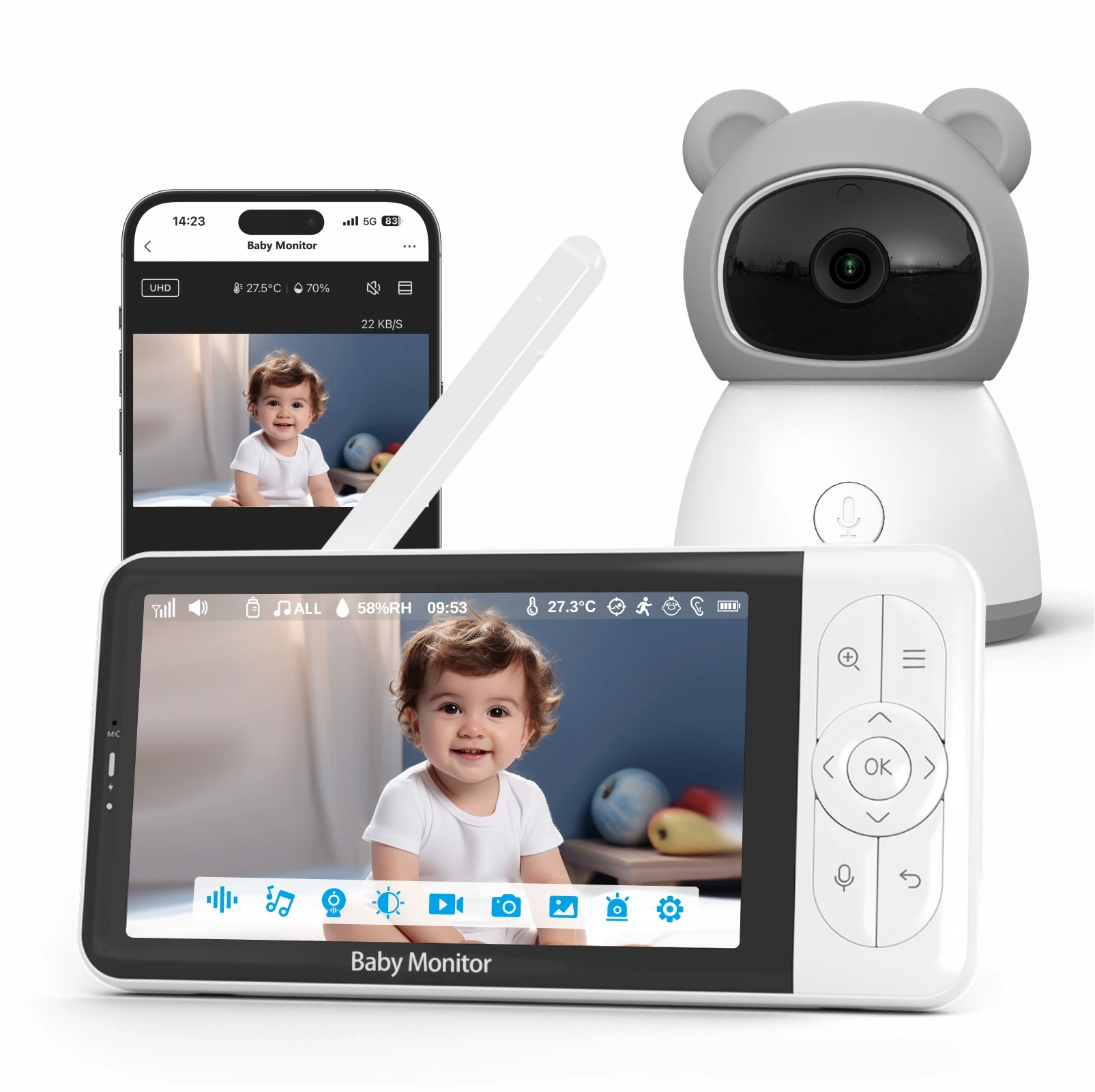 5Inch 2MP 1080P  Tuya APP WIFI  Baby Camera Wireless PTZ Temperature Humidity Display Baby Monitor Nanny Cam Babysitte