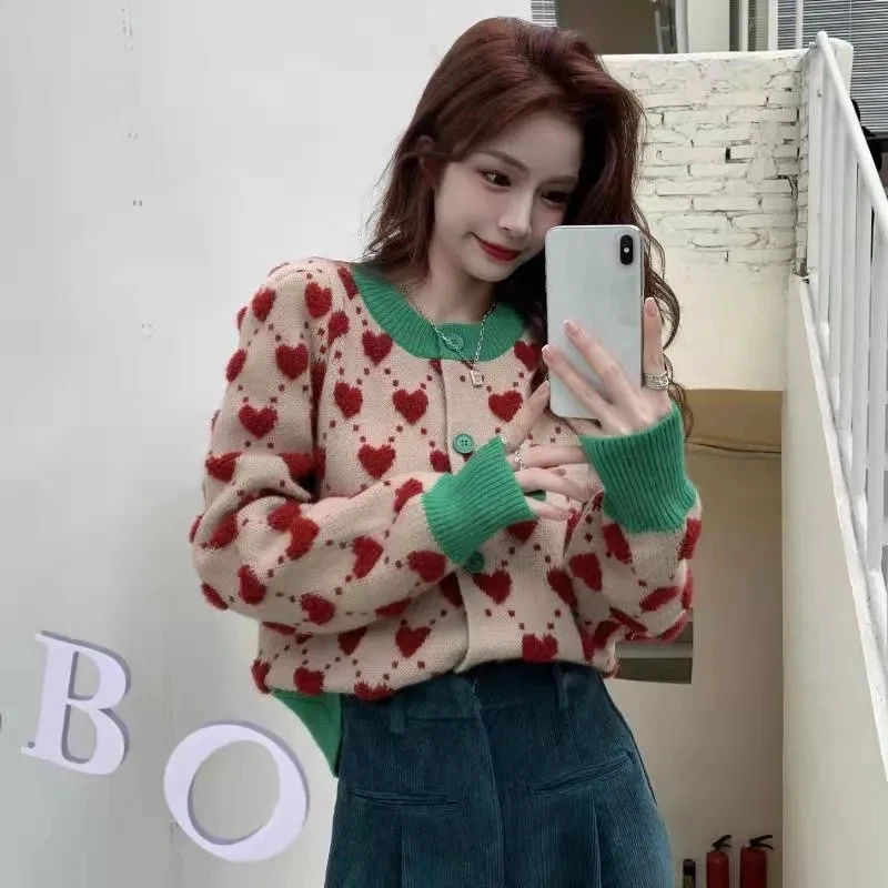 Embroidery Sweater Autumn Winter Heavy Industry Nail Bead Love Jacquard Color Block Bubble Sleeve Sweater for Women\'s Cardigan